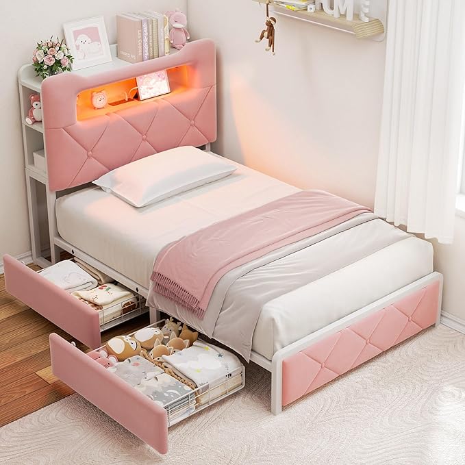 Twin Upholstered LED Bed Frame with 2 Storage Drawers and 2-Tier Storage Bookcase Headboard, Velvet Princess Platform Bed for Kids/Girls/Boys, Heavy Duty Metal Support, No Box Spring Needed, Pink