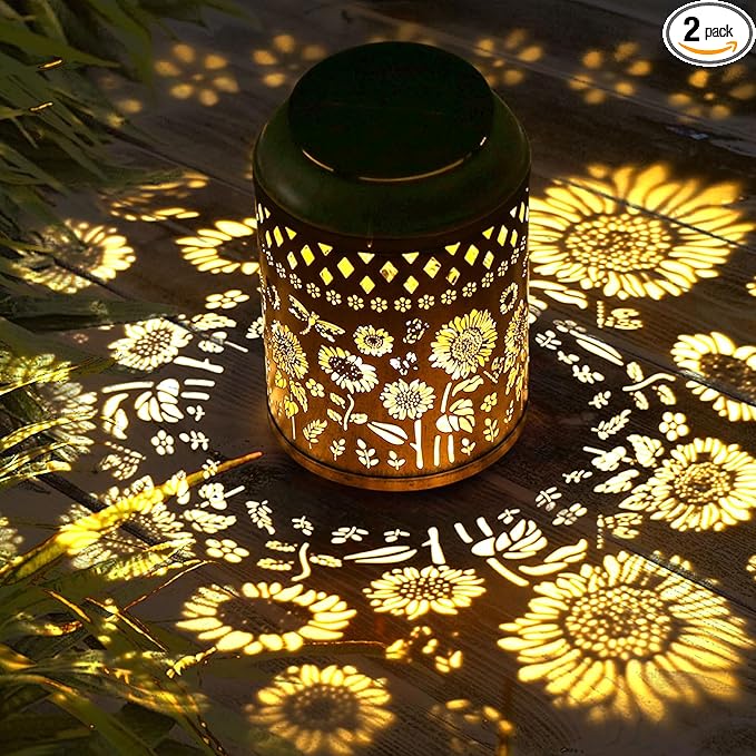 Kaixoxin 2 Pack Solar Garden Decor Metal Lantern Sunflower Table Lamp Bronze
