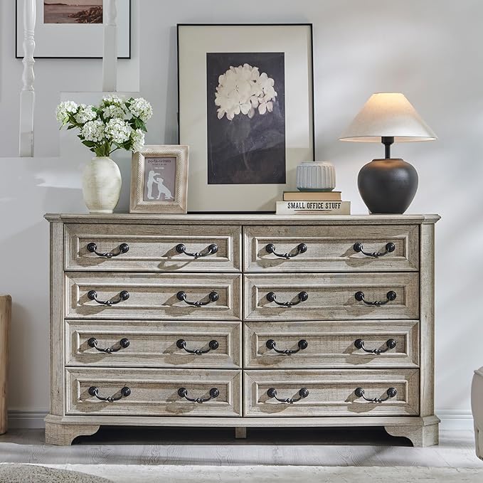 T4TREAM Farmhouse 8 Drawers Dresser for Bedroom, 54" Wide Wood Rustic Chest of Drawers with Natural Texture, Vintage Design, Storage Dressers Organizer for Bedroom, Living Room, Light Rustic Oak