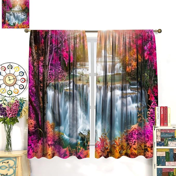 Waterfall Blackout Window Curtains, Nature Landscape Fores Theme Rod Pocket Window Drapes, for Living Room Bedroom 52" W X 84" L