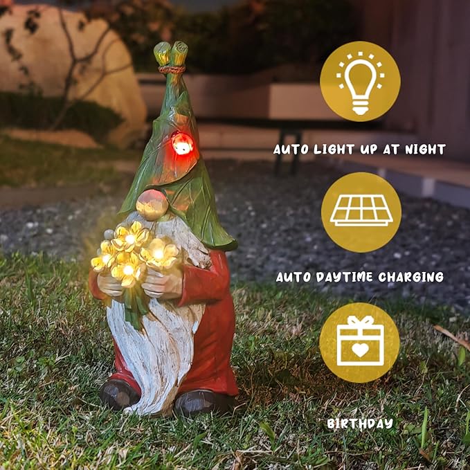 COWOS Garden Gnome Statue Outdoor Decor, Solar Garden Gnome Figurine Light, Resin Statues Sculpture for Patio Yard Lawn Outdoor Decorations