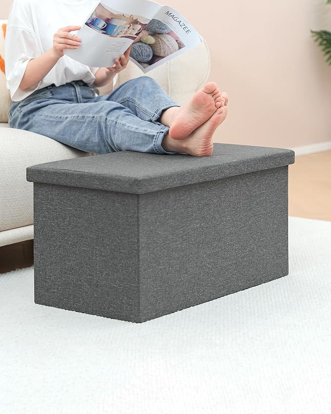 B FSOBEIIALEO Storage Ottoman with Tray, Linen Coffee Table Folding Long Shoes Bench Footstool, Dark Grey 30"x15.74"x15"