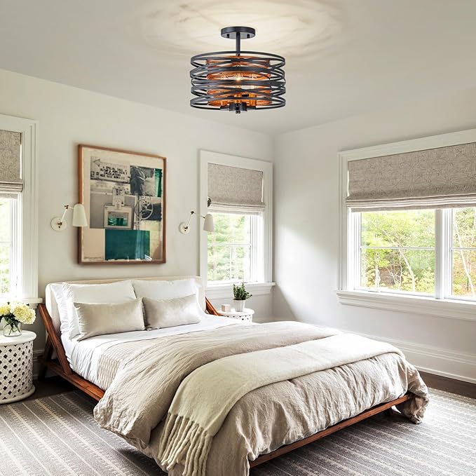 3-Lights Farmhouse Ceiling Light Fixture, Rustic Close to Ceiling