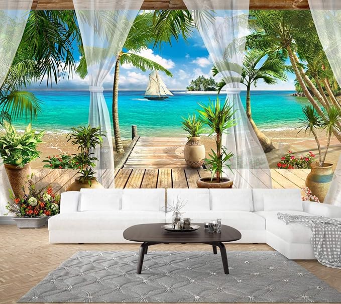 WFBHUA-Wall Mural Tropical Beach Palm Tree Wallpaper Balcony Window Seascape Landscape Wallpaper for Bathroom Living Room Bedroom (Not Peel and Stick)