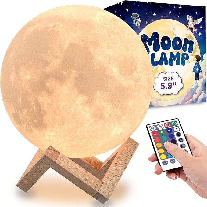 Mind-glowing 3D Moon Lamp - 16 LED Colors, Dimmable, Rechargeable Night Light (Large, 5.9in) with Wooden Stand, Remote & Touch Control - Nursery Decor for your Baby, Birthday Gift Idea for Women