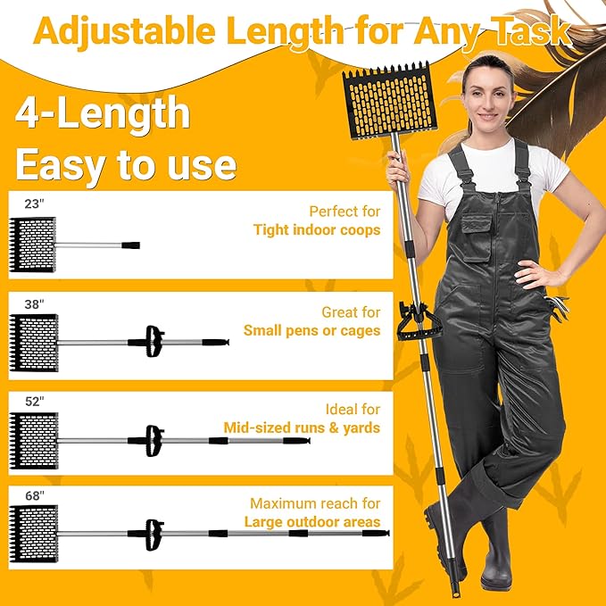 Pugala 5-in-1 Large Chicken Poop Scooper & Rake – 24" to 68" Long Adjustable Stainless Steel Handle, 10" Wide Metal Sifting Shovel Head – Heavy Duty Chicken Coop Cleaning Tool for Litter & Sand,Black