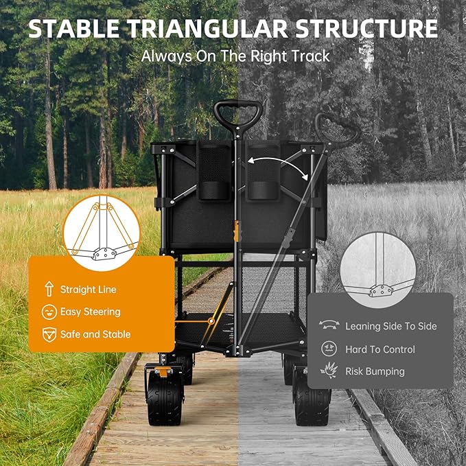 Foldable 50''L Extra Long Double Decker Wagon for Sport, 400L Collapsible Heavy Duty Wagon Cart with Big Wheels, Utility All-Terrain Large Extender Cart for Outdoors