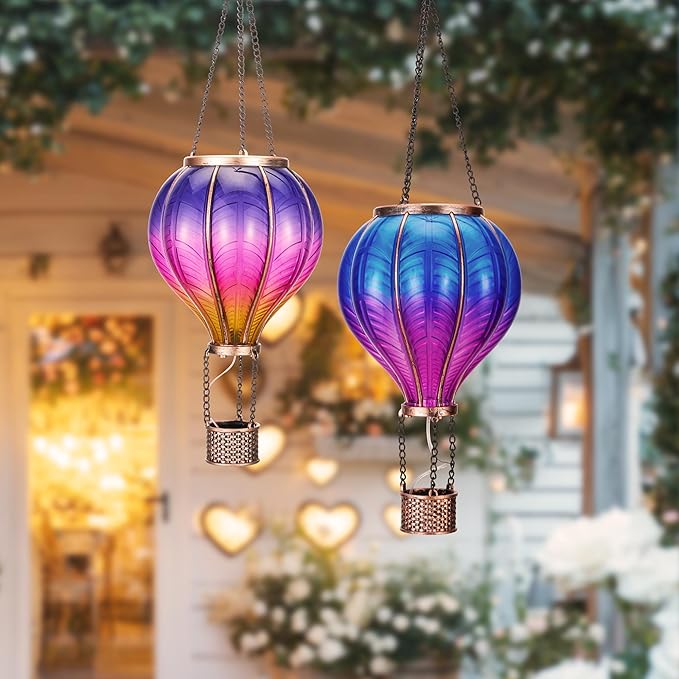 TERESA'S COLLECTIONS 2 Pack Hanging Solar Lantern Outdoor Garden Decor for Valentine ,Waterproof Plastic Hot Air Balloon Purple Flickering Flame Effect Lantern for Yard Tree Gift for Mom,18"