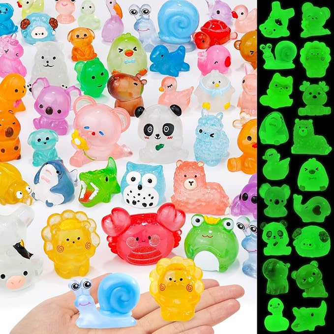 80 Pcs Luminous Mini Resin Animals 80 Styles Tiny Little Glow in The Dark Animal Figures to Hide Miniature Ducks Figurines for Party Favors DIY Fairy Garden Dollhouse Micro Landscape Aquarium Decor