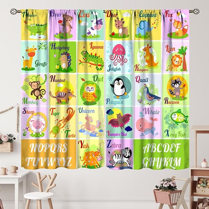 Kids Alphabet Letter Curtains Funny Education School Cute Cartoon Animal Printed Curtain with Rod Pocket for Bedroom Living Room Home Drapes Window Treatments 2 Panels Set 42" W X 54" L