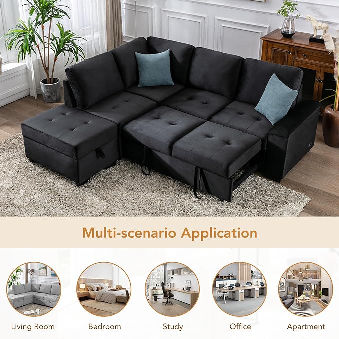 Ball & Cast Sleeper Sofa Bed L Shaped Couch with Storage Otooman and Cup Holder,L-Shaped Sectional Couch w/Hidden Arm Storage & USB Charge,4-Seater Sectional Sofa for Living Room,Apartment,Black