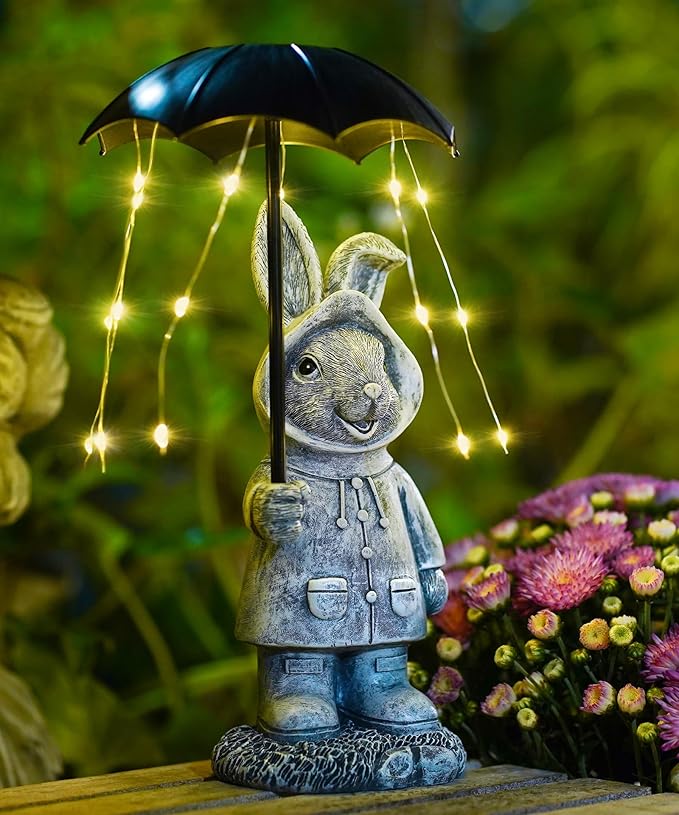 Solar Rabbit Garden Statue Outdoor Decor, Bunny Figurines Lights with Umbrella for Outside Yard Lawn Ornaments,Gifts for Mother's Day Birthday Easter Housewarming(Grey)
