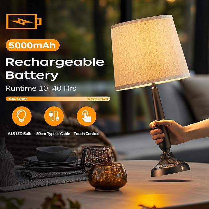 PARTPHONER Cordless Table Lamp, 5000mAh Battery Rechargeable Touch Lamp