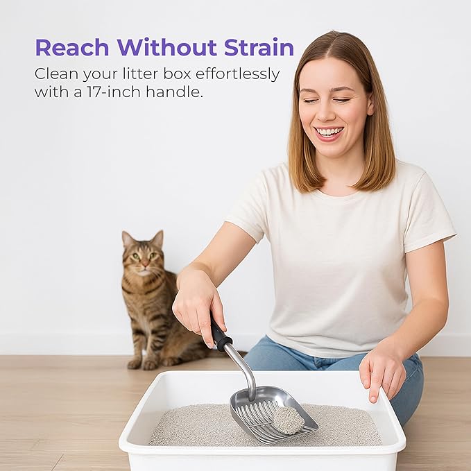 iPrimio Monster Metal Cat Litter Scoop with 17-Inch Long Handle - Extra Large Deep Shovel with Rounded Corners for Extended Reach and Soft Ergonomic Grip for Effortless Cleaning