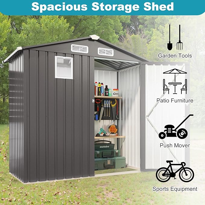 6x3.5 FT Outdoor Metal Storage Shed, Tool Shed with Peaked Roof and Lockable Door, Compact Garden Shed with Clear Window for Backyard Garden Patio Lawn, Gray