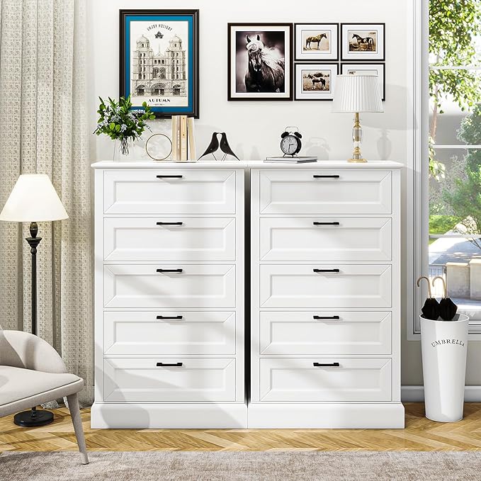 White Dresser with 5 Drawers, Vertical Storage for Bedroom, Wood Tall Dresser for Hallway, Wooden Tall Chest of Drawers for Entryway, Nursery, Lingerie Chest Drawer, Modern Farmhouse Style