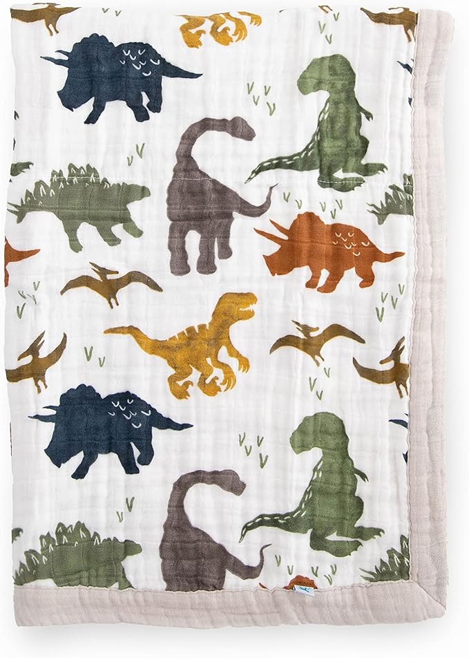 Little Unicorn Newborn Receiving Quilt | Ultra- Soft, Multi-Layered Muslin Fabric | Gift for Newborns & on-The-go (Dino Friends)