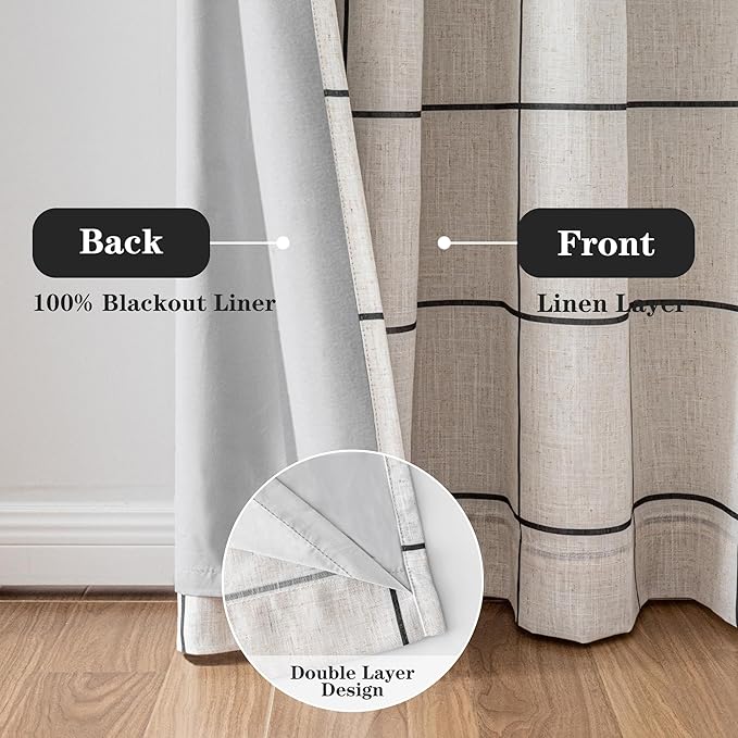 MYSKY HOME 100% Blackout Plaid Farmhouse Linen Curtains 84 Inch Long 2 Panels Set for Living Room Double Layer Windowpane Drapes Thermal Insulated Privacy Protection Rod Pocket Back Tab, 52" W, Black