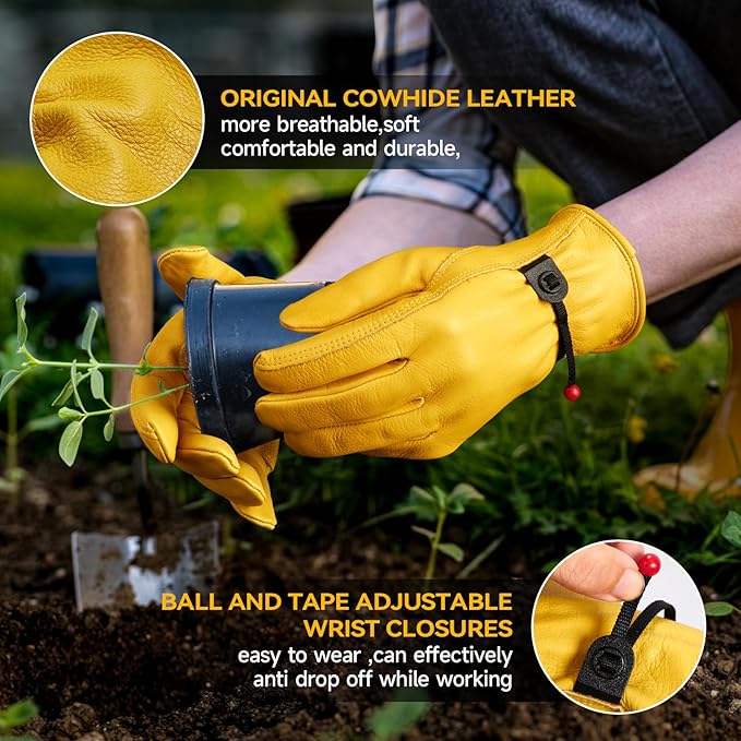OZERO Leather Work Gloves for Men: X-Large 1 Pair Cowhide Working Gloves for Driving Heavy Duty Mechanic Ranch - Women Gardening Glove