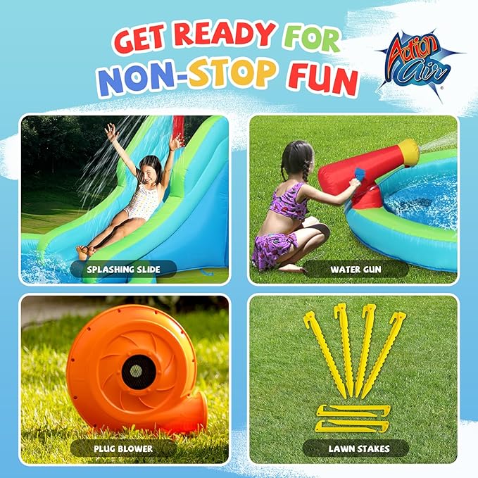 Action Air Inflatable Waterslide, Bounce House with Slide for Wet and Dry, Kids Backyard Waterpark for Summer Fun, Water Gun & Splash Pool for Age 3-8, Love for Kids