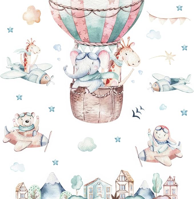 Flying Animals Wall Decals - Peel and Stick Hot Air Balloon Animals Wall Stickers, Aircrafts Decor for Baby Nursery, Toddler & Kids Bedroom Walls - Airplanes, Elephant, Giraffe, Bear
