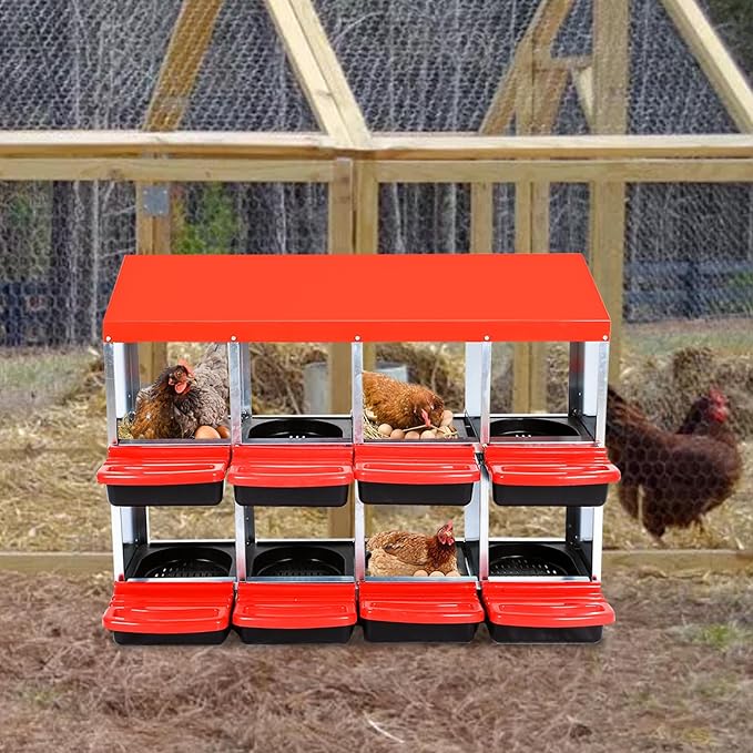 Metal Chicken Nesting Box – 8 Compartment Roll Away Egg Laying Box with Lid Cover, Easy to Clean, Hen Roosting Perch – Red (Without Bracket Legs, 8 Compartment Egg Laying Box)