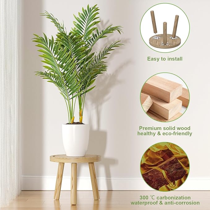 3-Pack Wood Plant Stands Indoor, Single Plant Stand for 6-12 Inch Pots, Mid-Century Modern Plant Stool, Tall Plant Stand for Large Plants for Living Room, Balcony, Office (Light Brown