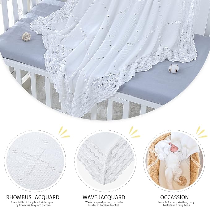 Booulfi Baby Blanket White Receiving Blanket Baptism Christening Towel for Newborn Girls Boys, White Cotton Knit Thermal Baby Blanket Shawl with Cross Pattern, 47”x47”