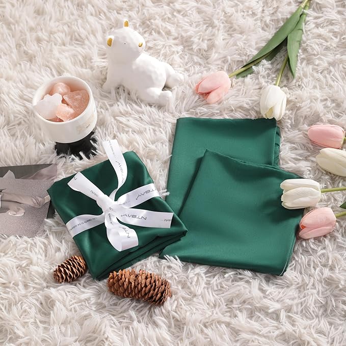 NTBAY Zippered Silk Satin Toddler Pillowcases - 2 Pack Hidden Zipper 13x18 Pillowcases - Luxury and Silky Baby Travel Pillow Covers, Dark Green