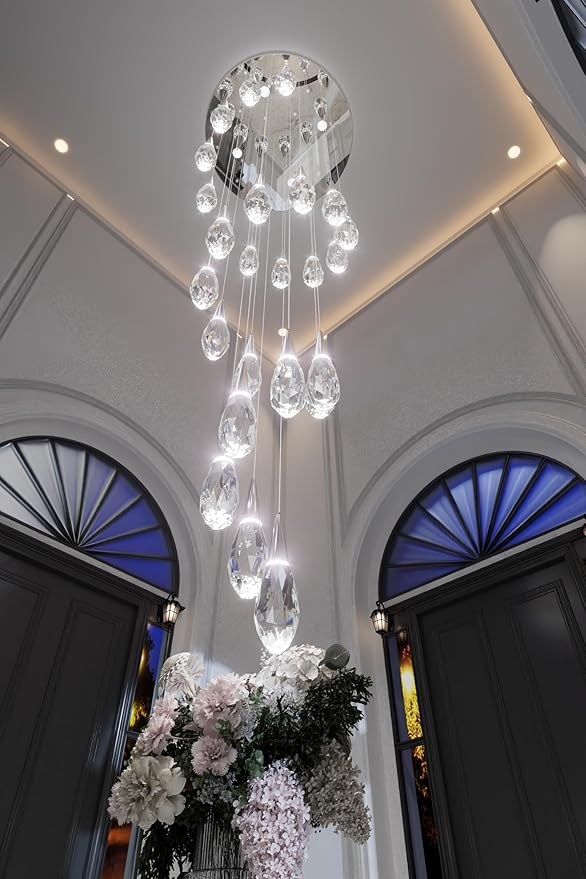 26-Lights Large Chandelier for High Ceiling Silver Crystal Pendant Light