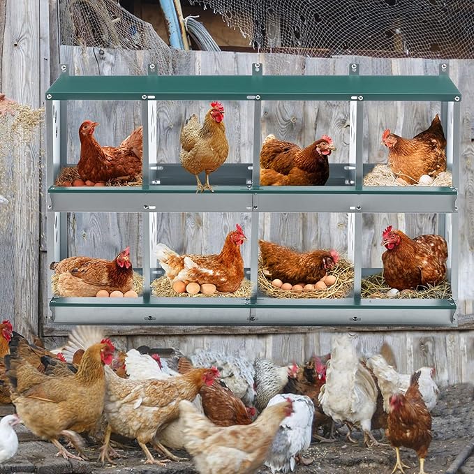 8 Compartment Chicken Nesting Boxes for Laying Eggs, Metal Poultry Nest Box Wall Mount for Chickens, Hens, Large Vented Holes Chicken Coop Box Green (8 Holes)