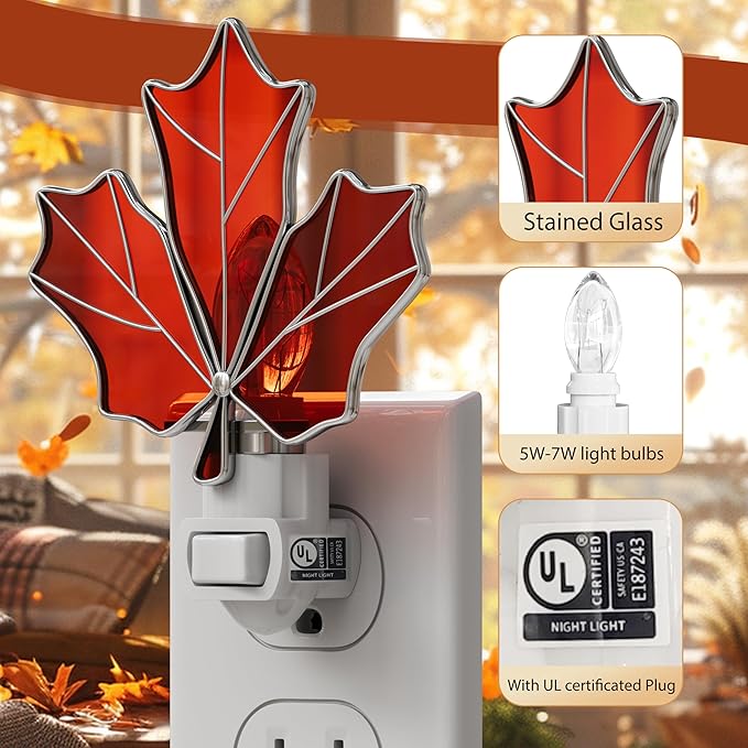 Stained Glass Night Lights Plug into Wall Brown Maple Leaf Plug in Night Light