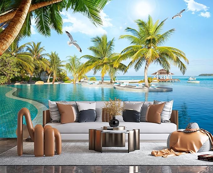 Palm Trees and Blue Sky Summer Island Wall Mural Wallpaper for Bedroom 137" x 100"