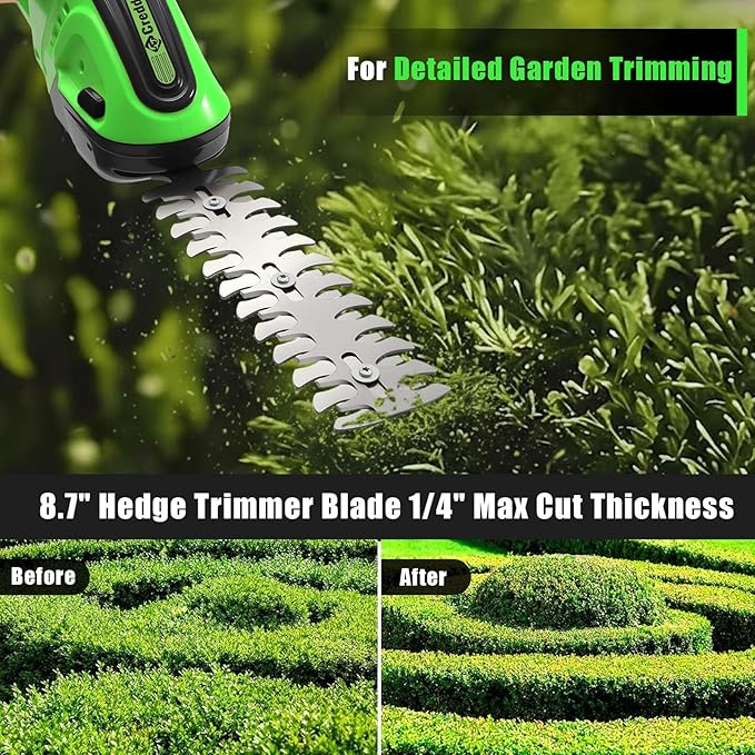 Cordless Hedge Trimmer, 2-in-1 Handheld Electric Hedge Trimmer/Grass Shears for Garden,Yard and Lawns, Shrub Trimmer with 2 PCS Rechargeable Battery&Charger (Green)