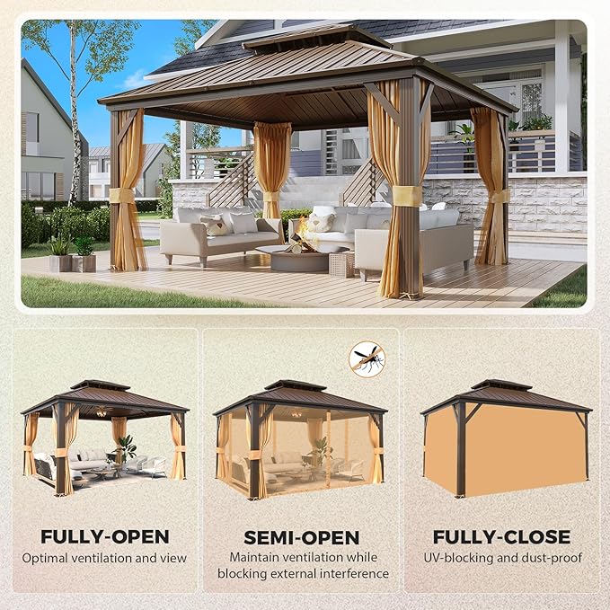 YOLENY 12' x 14' Gazebo Hardtop with Aluminum Frame,Galvanized Steel Double Roof Gazebos with Curtain and Netting,Outdoor Metal Pergolas for Garden, Lawn, Deck, Brown