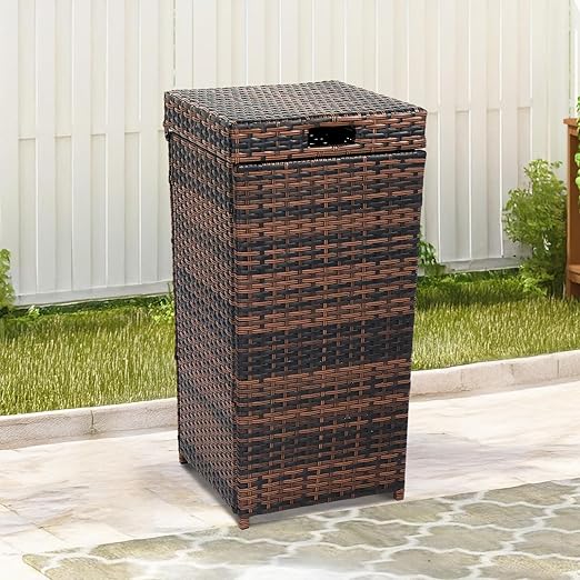 VINGLI Wicker Patio Trash Can, 27 Gallon Rattan Trash Can with Removable Lid, Outdoor Wicker Waste Basket, Wast Container (Brown)