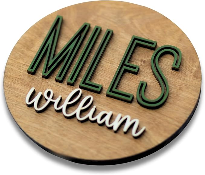 Custom Round Nusery Name Sign, Personalized 3D Baby Name Announcement Sign, Personalized Wooden Wall Plaque, 3D Wall Art for Children & Kids Rooms, Family Name Signs, 30 Colors (Design 11)