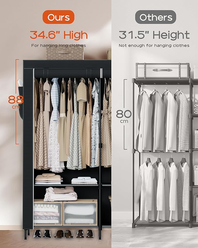 Portable Closet, 54.3 Inch Large Capacity Wardrobe Closet with Cover, Clothes Storage Organizer with Shelves and 2 Hanging Rods, Easy to Assembly, Black PCT102B01