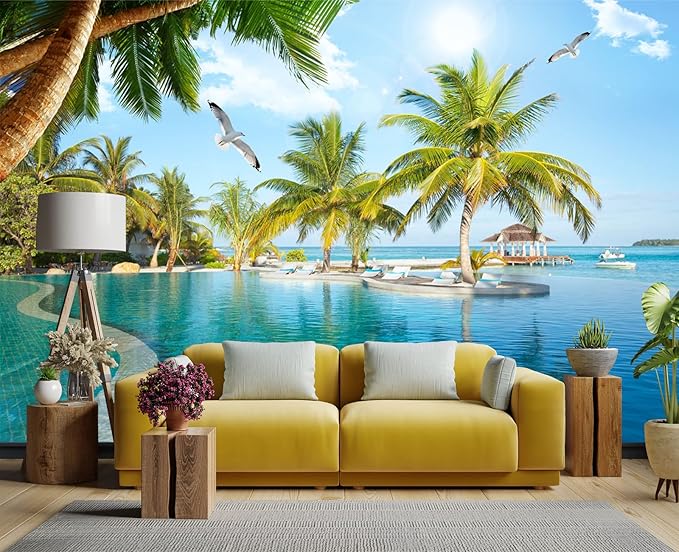 Palm Trees and Blue Sky Summer Island Wall Mural Wallpaper for Bedroom 137" x 100"