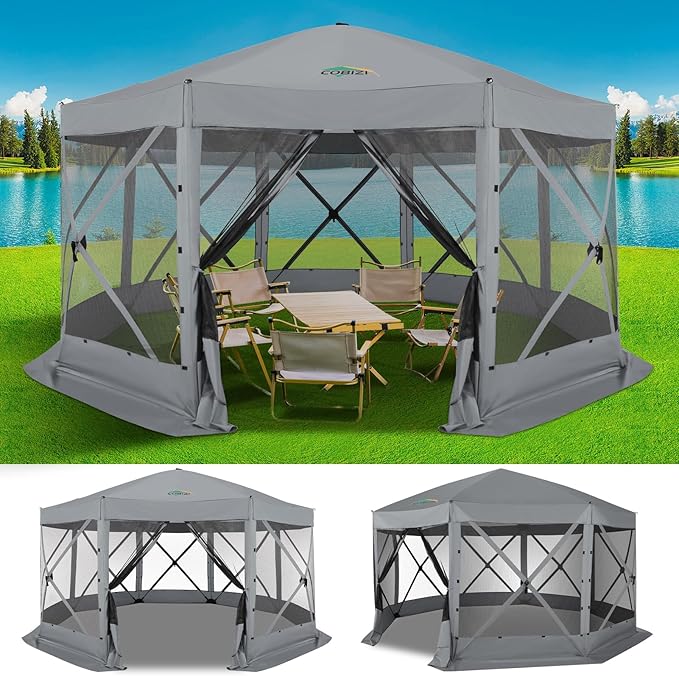 COBIZI 15x15ft Extra Large Pop-Up Gazebo Canopy Tent with Mosquito Netting, Spacious Easy Set-Up Screened Shelter, Durable Outdoor Pavilion with Ground Stakes, Perfect for Patio, Backyard,Gray