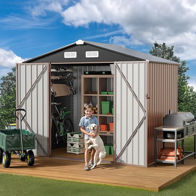 GVDV 8x6 FT Outdoor Metal Storage Shed, 7.3x5.3 FT Base Durable Garden Shed with Updated Frame Structure for Backyard, Patio, Tool Storage, All-Weather Shelter for Bike, Gardening Tools, No Floor
