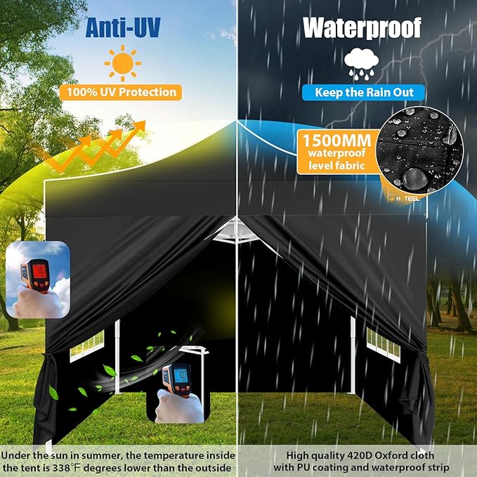 HOTEEL 10x10 Pop up Canopy Tent for Parties, Heavy Duty Easy Setup Tent with 4 Sidewalls, Outdoor Commercial Instant Gazebo for Wedding Event, with Portable Bag & Sand Bags, Black(Hexagonal Frame)