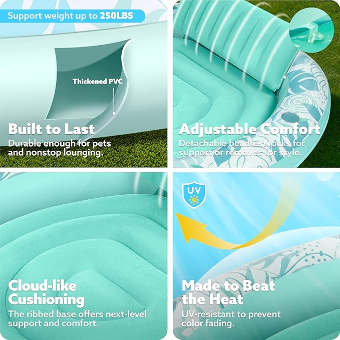 SLOOSH Inflatable Tanning Pool Lounger Float,72" x 65" Pool Floats Adult with Pillow,Luxury Fabric Large Suntan Tub Raft Floatie,Sunbathing Bed Lounge for Water Blow Up Kids Ball Pit Party Gifts,Cyan