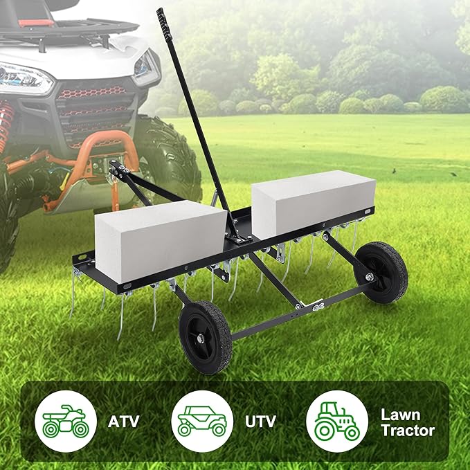 Tow Behind Aerator, 40 inch Lawn Pull Dethatcher with 20 Spring Steel Tines and Lift Handle for Outdoor Yard Care, Lawn Sweeper to Remove Thatch, Leaves and Pine Needles, Black