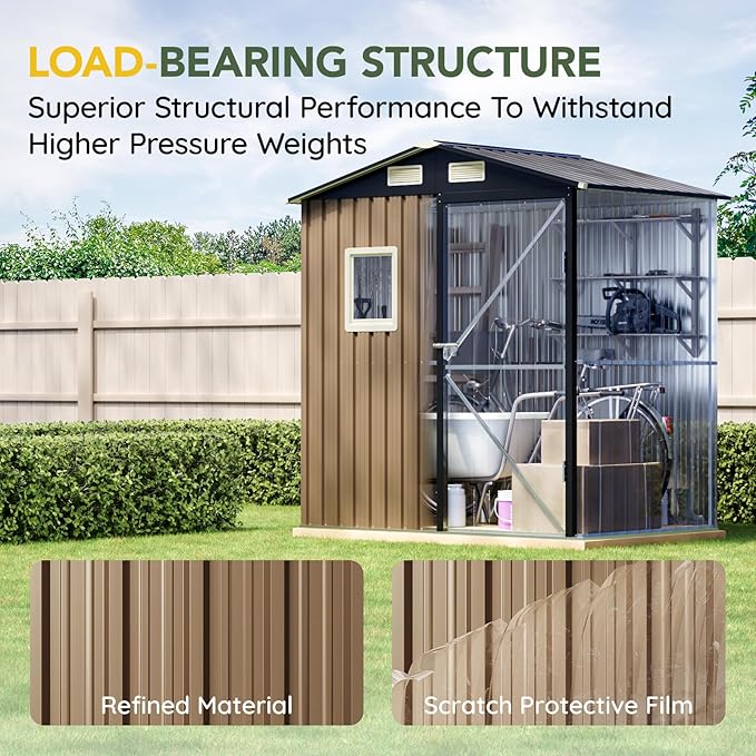 Breezz 6x4FT Outdoor Steel Storage Shed, Lockable Doors, Compact Metal Tool Shed for Garden, Backyard, Patio, Utility, and Bike Storage,Brown