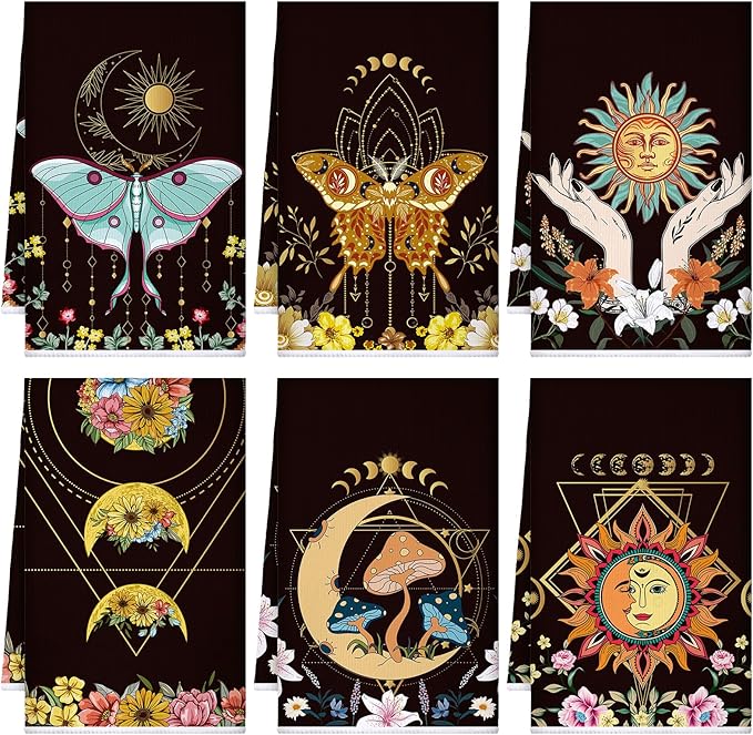Boyiee Set of 6 Witchy Kitchen Towels Boho Tea Towels Absorbent Mushroom Floral Dish Towels 24 x 16'' Gothic Dish Towels Sun Moon Star Butterfly Hand Towels Gifts for Farmhouse Kitchen Bathroom