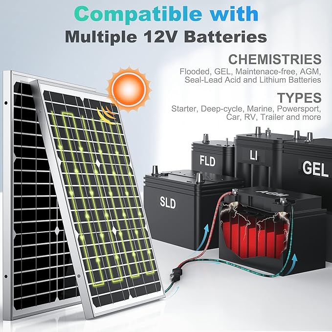 12V Waterproof Solar Battery Trickle Charger & Maintainer - 20 Watts Mono Solar Panel Built-in Intelligent MPPT Charge Controller + Adjustable Mount Brackets for Pole Dia 1.5-3.0inch/40-80mm
