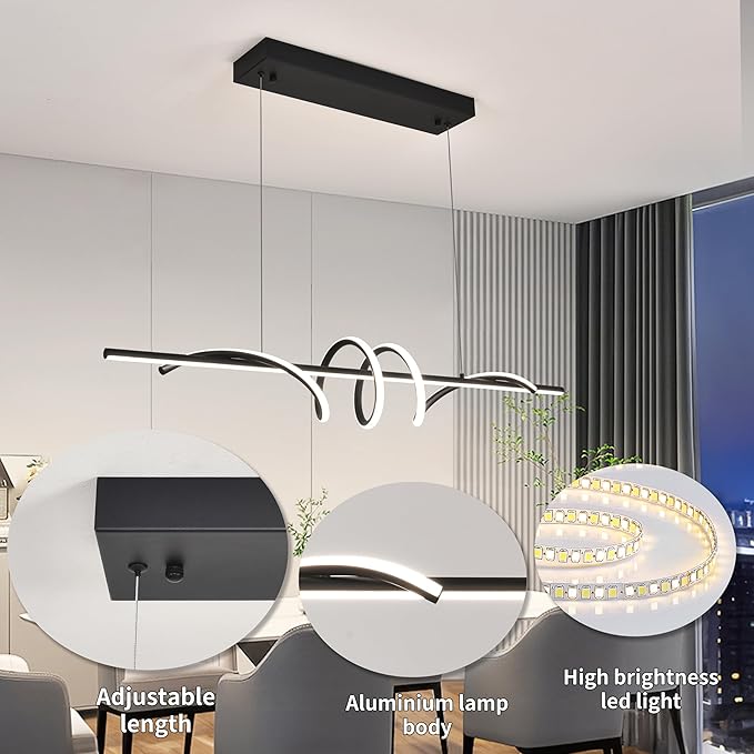 Modern LED Pendant Light, 39.37in Black Chandelier Dimmable