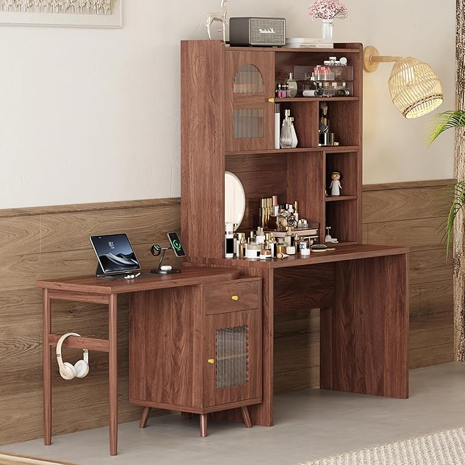 Merax Computer Desk with 90 Degree Rotating Desktop, L Shaped Office Desk with Storage Drawer and Cabinets, Writing Desk with Shelves for Study, Work Desk for Office Bedroom Living Room, Walnut