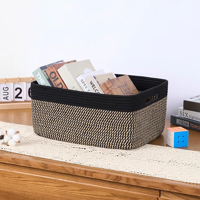 Large Storage Baskets for Organizing, Closet Shelf Baskets for Clothes Blanket Towels, Baby Nursery, Toy Bins Box, Woven Rope Baskets, 17 x 13 x 7.5”, 4 Packs Woven Brown